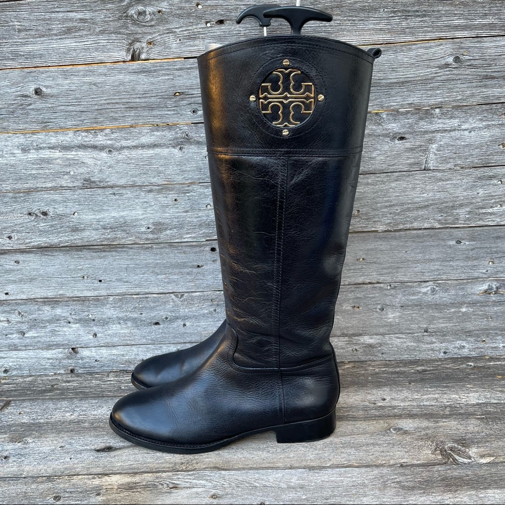 TORY BURCH KIERNAN BLACK GOLD LEATHER RIDING BOOTS